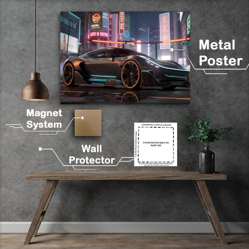 Buy Metal Poster : (Futuristic sports car parked on a neon lit streets)