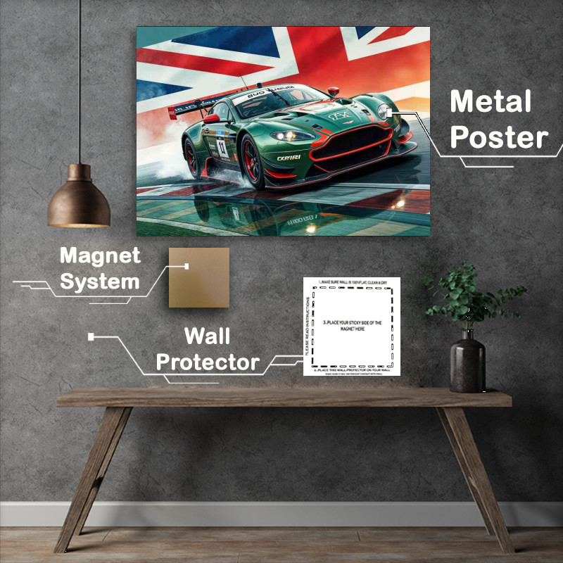 Buy Metal Poster : (Green aston martin race car on a racetrack)