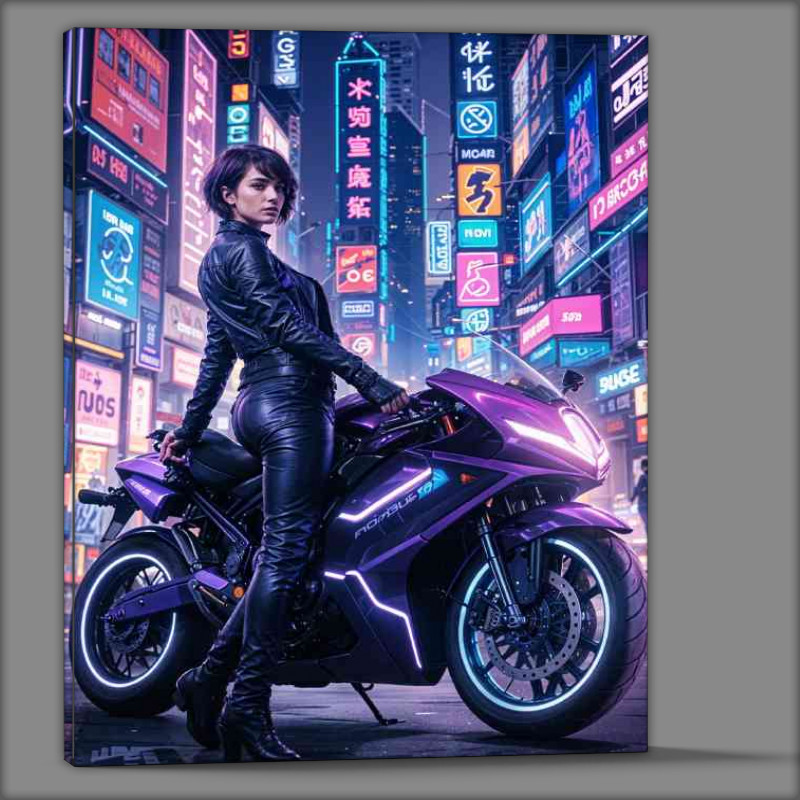 Buy Canvas : (Futuristic purple motorcycle in a neon lit city street)