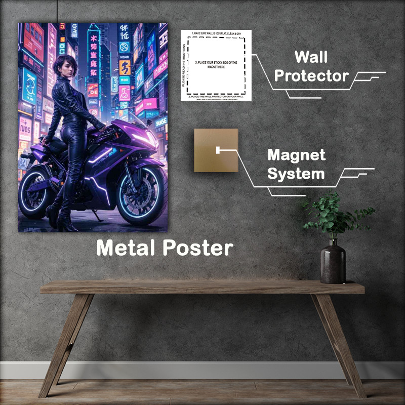 Buy Metal Poster : (Futuristic purple motorcycle in a neon lit city street)