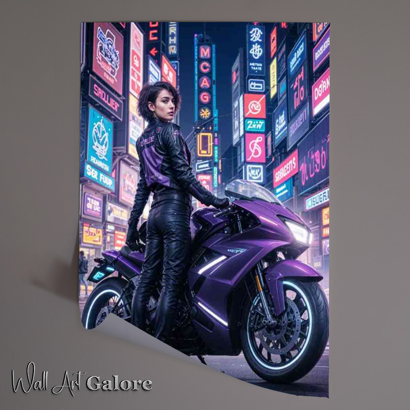 Buy Unframed Poster : (Futuristic purple racing motorcycle in a neon lit city street)