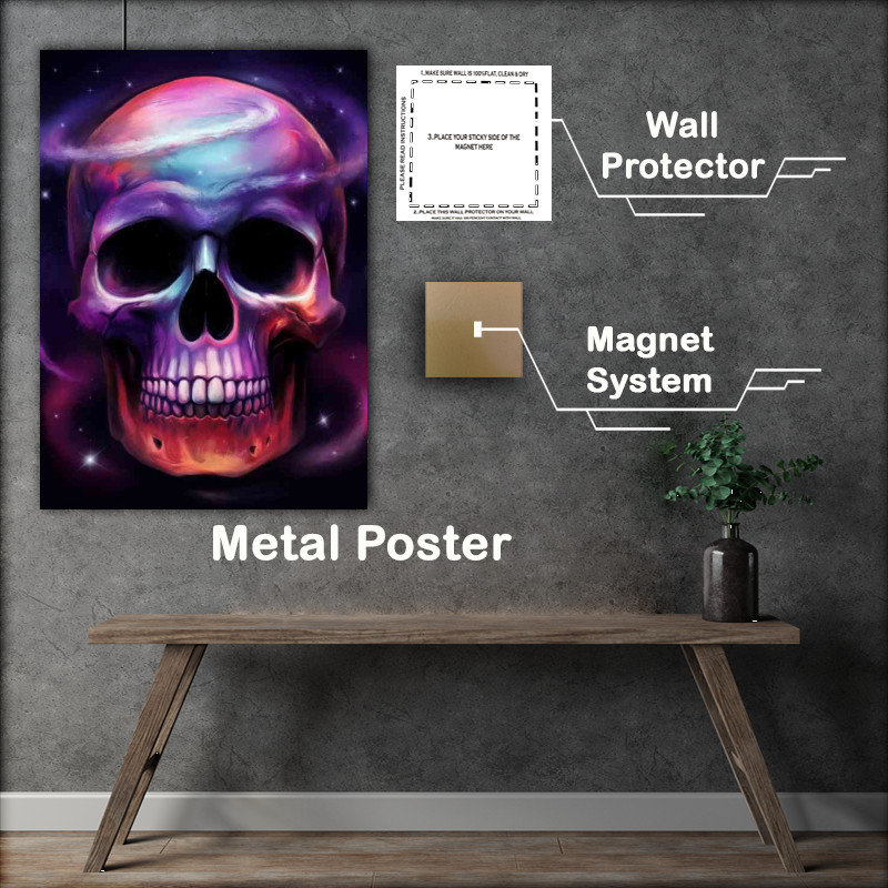 Buy Metal Poster : (Vividly colored skull set against a cosmic skies)