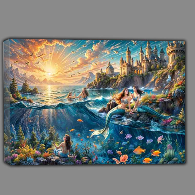 Buy Canvas : (Mairmaids in the sea with a fairytail castle)