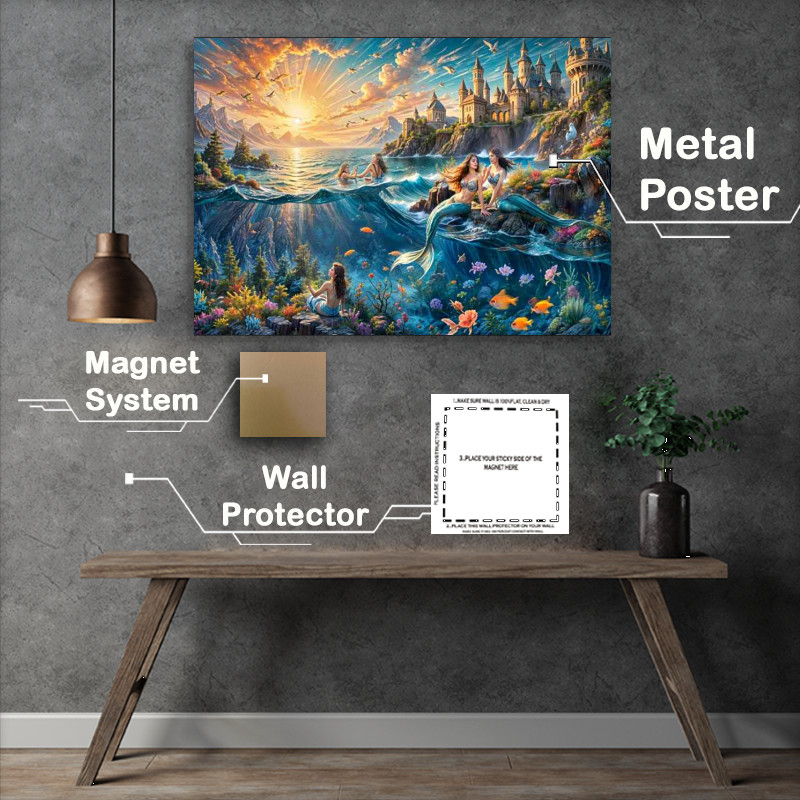 Buy Metal Poster : (Mairmaids in the sea with a fairytail castle)