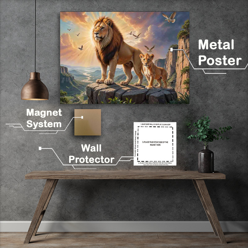 Buy Metal Poster : (The lion king and his cub on the rocks)