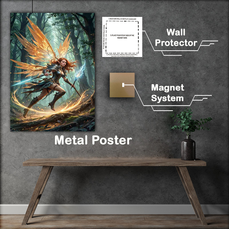 Buy Metal Poster : (Elf style warrior with long bright red hair and with bright coloured magical wings)