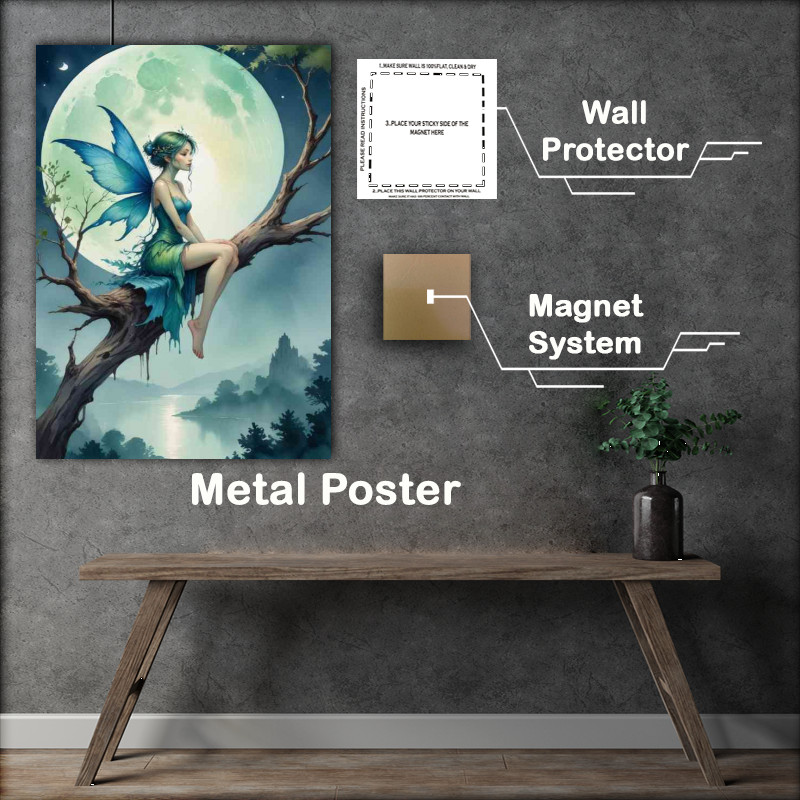 Buy Metal Poster : (Fairy with blue and green wings sitting on a tree branch)