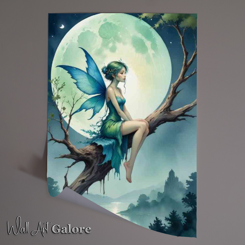Buy Unframed Poster : (Fairy with blue and green wings sitting on a tree branch)