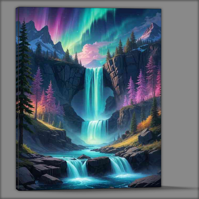 Buy Canvas : (Forests and mountains The sky is filled with vibrant colorful aurora borealis)
