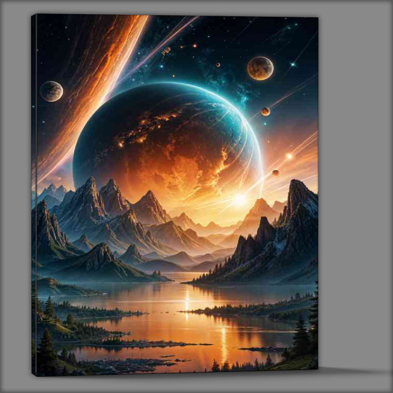 Buy Canvas : (Glowing planet in the sky with mountains)