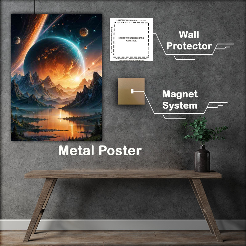 Buy Metal Poster : (Glowing planet in the sky with mountains)