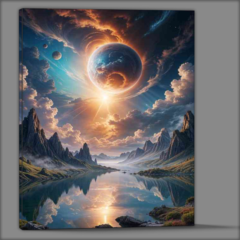 Buy Canvas : (fantasy landscape with a large, glowing planet or celestial body in the sky)