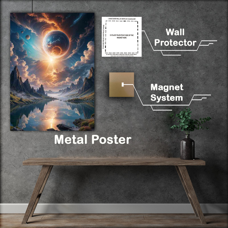 Buy Metal Poster : (fantasy landscape with a large, glowing planet or celestial body in the sky)