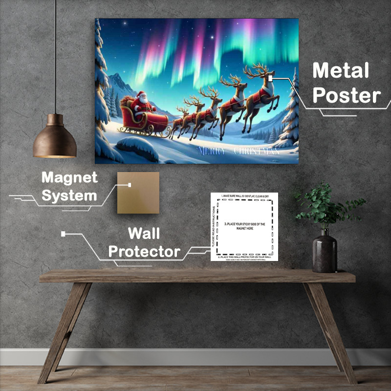 Buy Metal Poster : (Reindeer pulling Santas sleigh through the night sky aura)