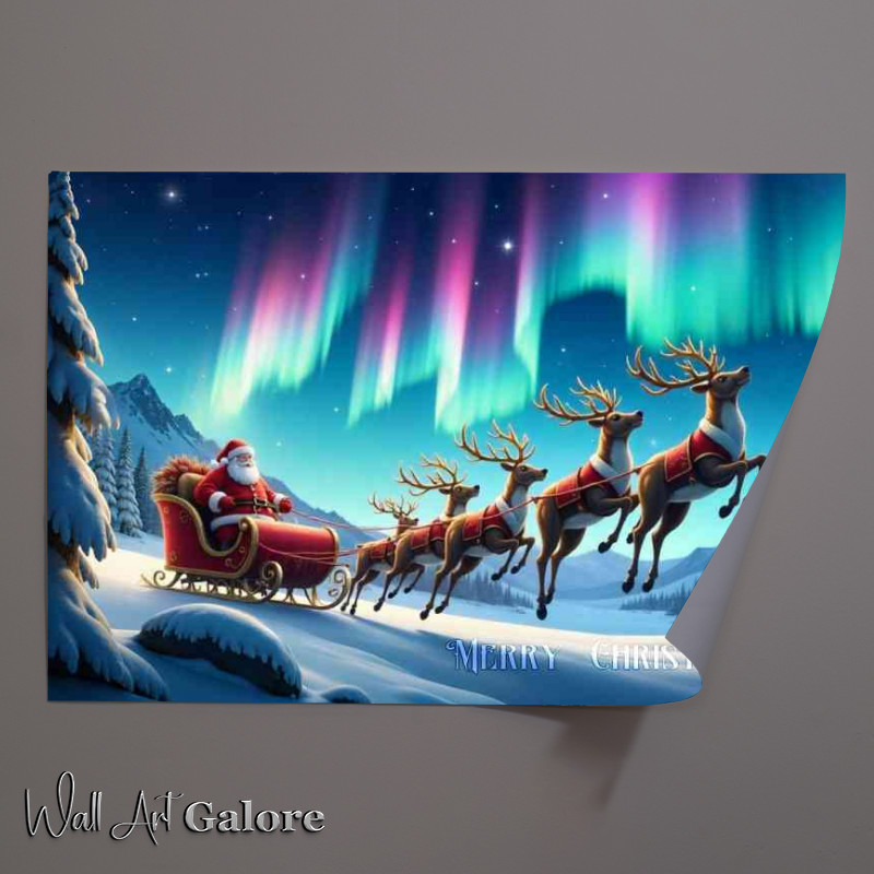 Buy Unframed Poster : (Reindeer pulling Santas sleigh through the night sky aura)