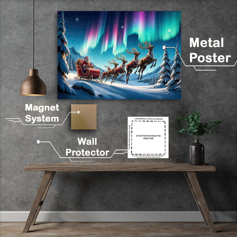 Buy Metal Poster : (Santa and the aura night skywith raindeers)