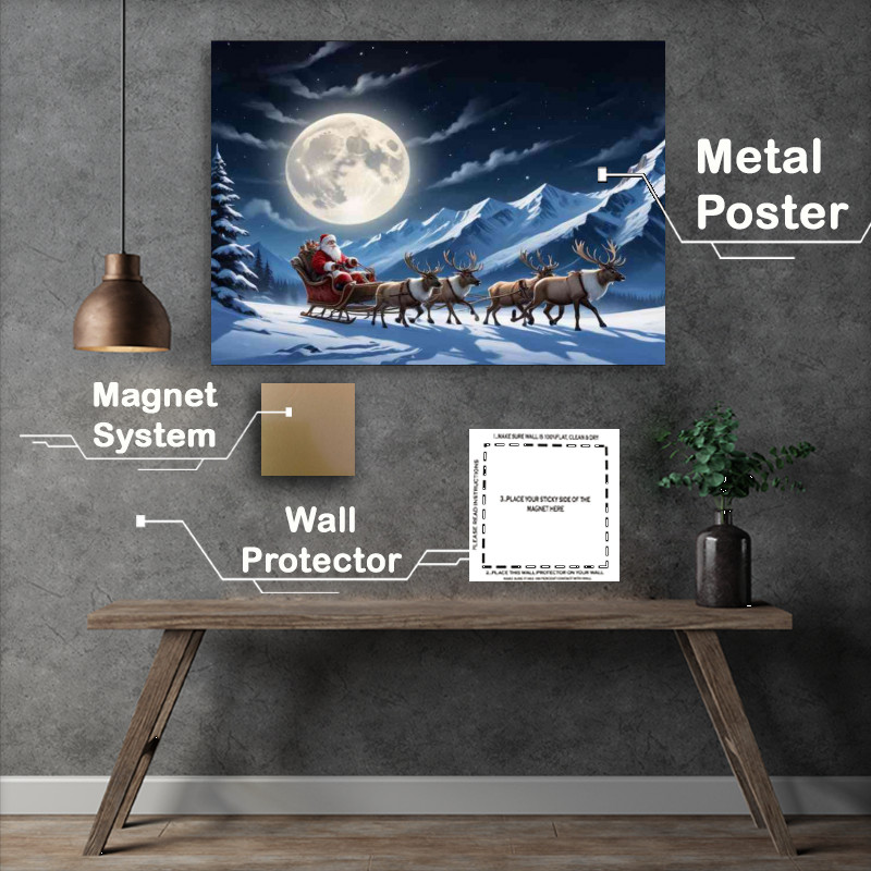 Buy Metal Poster : (Santa clause with raindeers and the full moon)