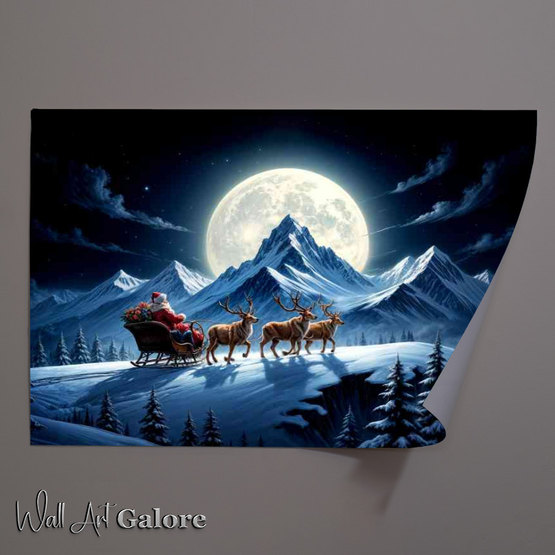 Buy Unframed Poster : (White snowy mountains and father christmas with raindeers)