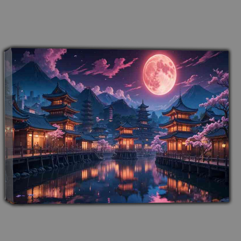 Buy Canvas : (Traditional Japanese town at night with a pagoda style temple)