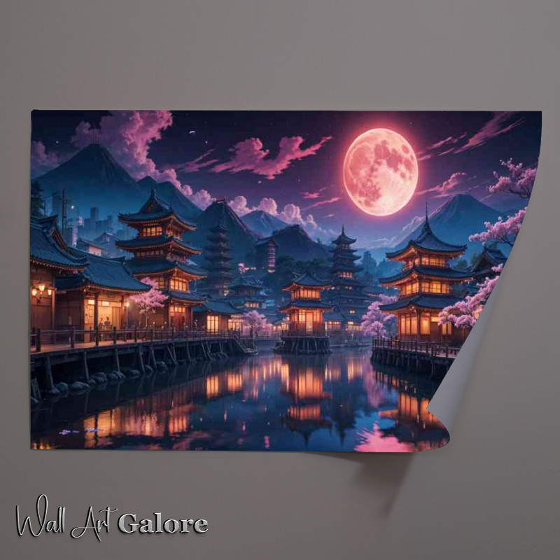 Buy Unframed Poster : (Traditional Japanese town at night with a pagoda style temple)