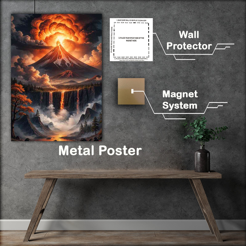 Buy Metal Poster : (Mountain erupting with lave flowing)