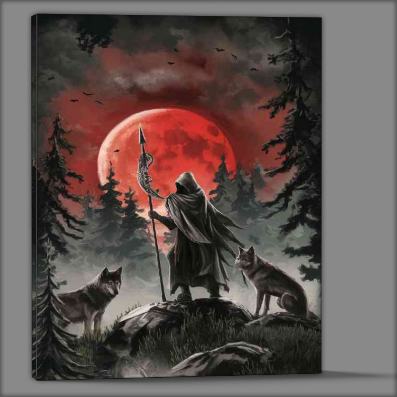 Buy Canvas : (Mystical forest scene with a towering red moon)