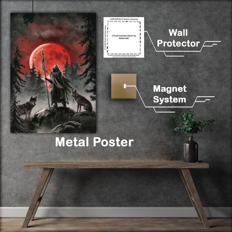 Buy Metal Poster : (Mystical forest scene with a towering red moon)