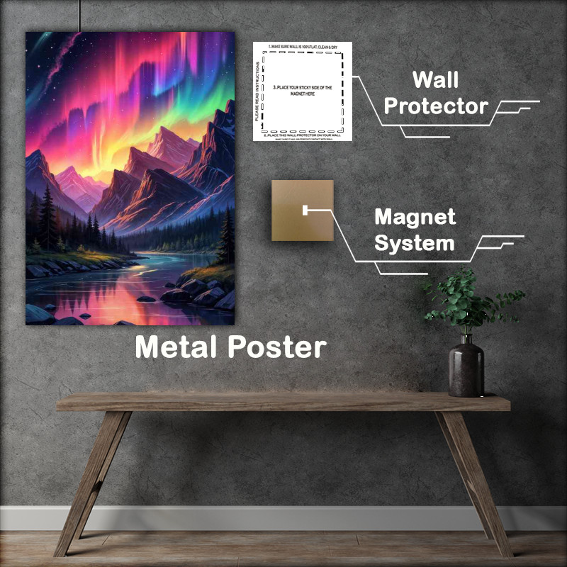 Buy Metal Poster : (Aurora borealis and the flowing river)