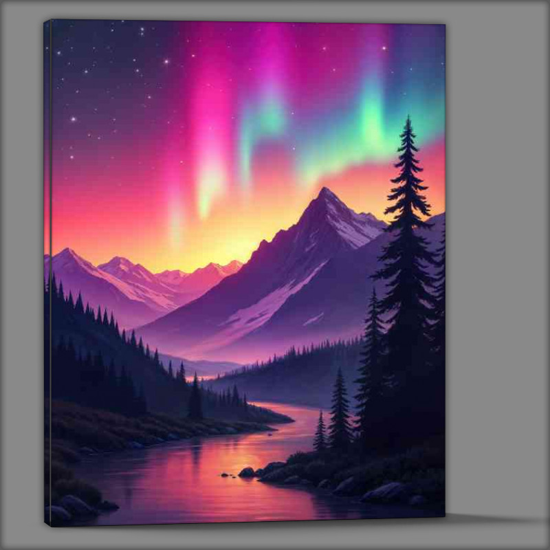 Buy Canvas : (Aurora borealis in the night sky over mountains)
