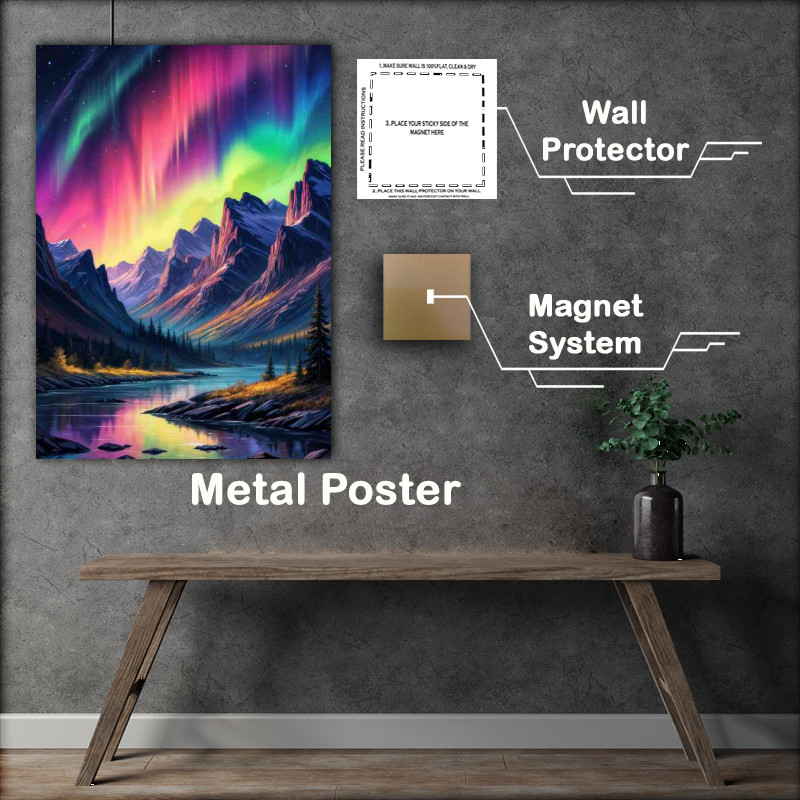 Buy Metal Poster : (Colorful aurora borealis in the mountains with a flowing river)