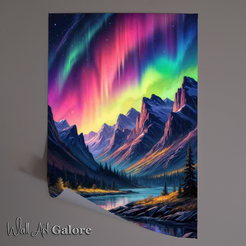 Buy Unframed Poster : (Colorful aurora borealis in the mountains with a flowing river)