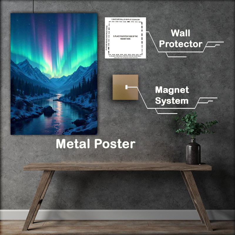Buy Metal Poster : (Colorful aurora borealis in the night sky over a mountain)