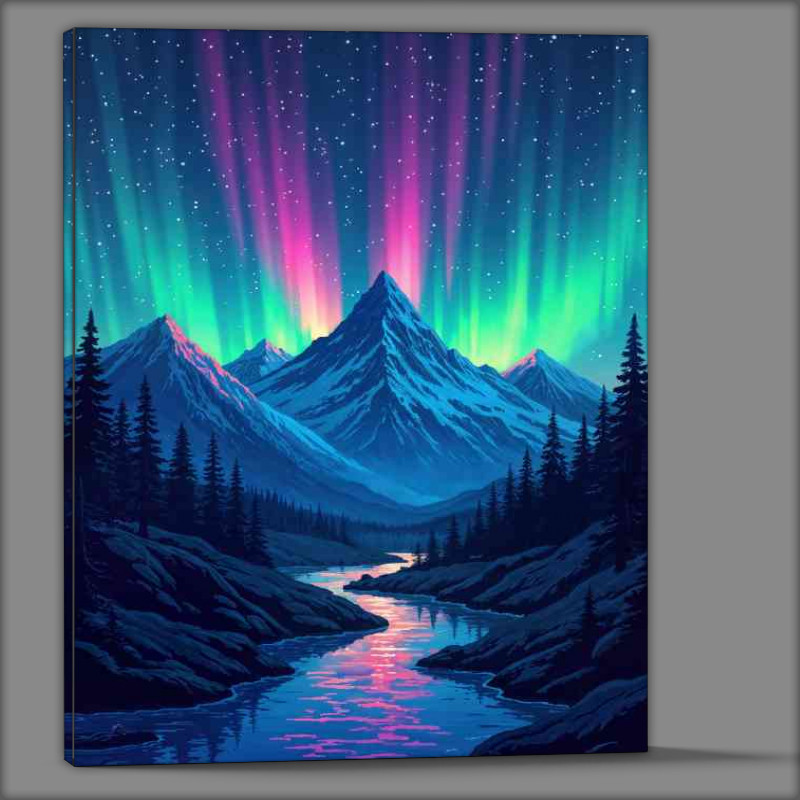 Buy Canvas : (Colorful aurora borealis in the night with flowing river)