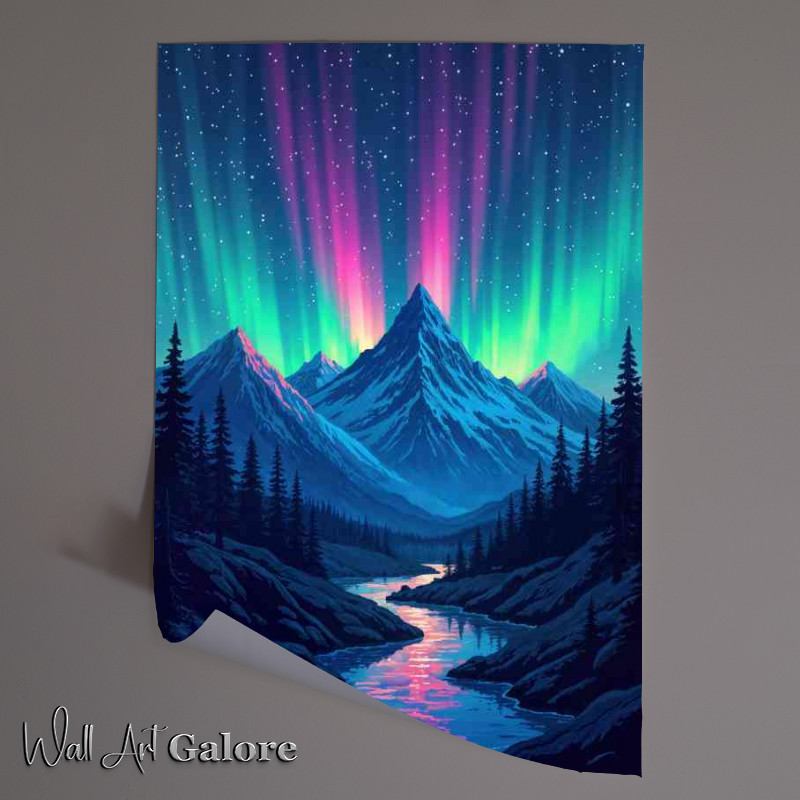 Buy Unframed Poster : (Colorful aurora borealis in the night with flowing river)