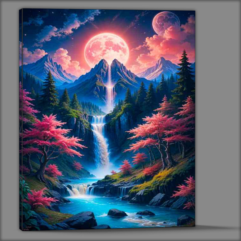 Buy Canvas : (Majestic mountain with a waterfall cascading down to the stream)