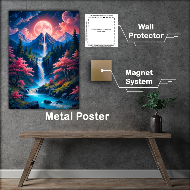 Buy Metal Poster : (Majestic mountain with a waterfall cascading down to the stream)
