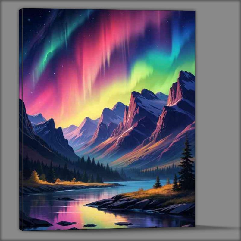 Buy Canvas : (Night sky over a mountainous landscape aurora borealis)