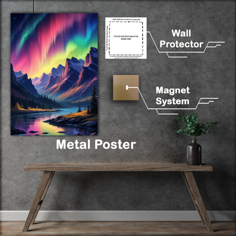 Buy Metal Poster : (Night sky over a mountainous landscape aurora borealis)