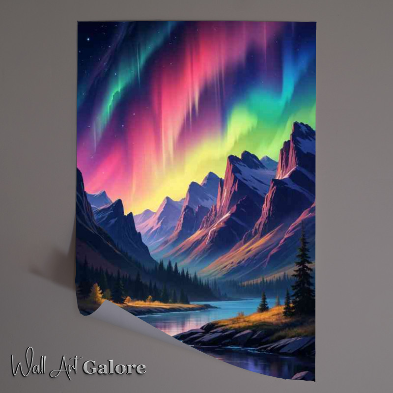 Buy Unframed Poster : (Night sky over a mountainous landscape aurora borealis)
