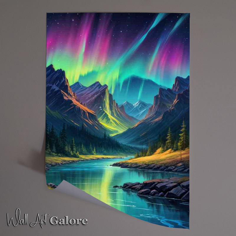 Buy Unframed Poster : (Painting colorful aurora borealis in the mountains)