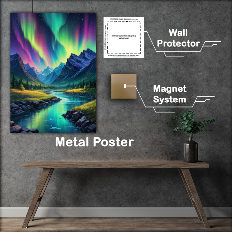 Buy Metal Poster : (Painting colorful aurora borealis in the night)