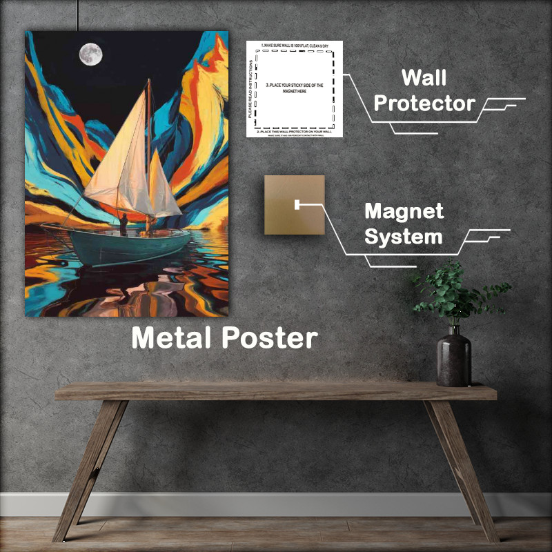 Buy Metal Poster : (Surreal scene of a sailboat on the lake)