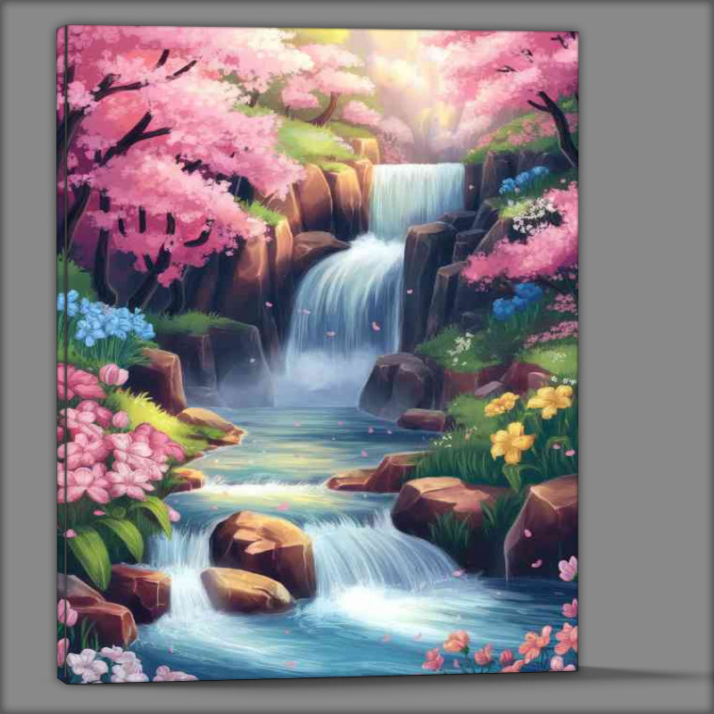Buy Canvas : (Vibrant and picturesque landscape a cascading waterfall)