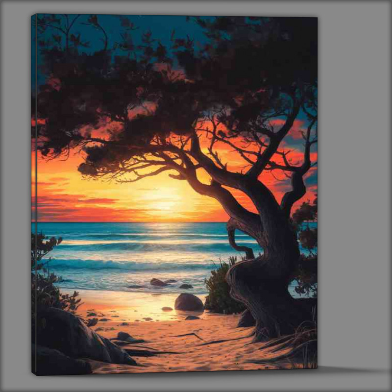 Buy Canvas : (Breathtaking sunset over a serene beach the sun)