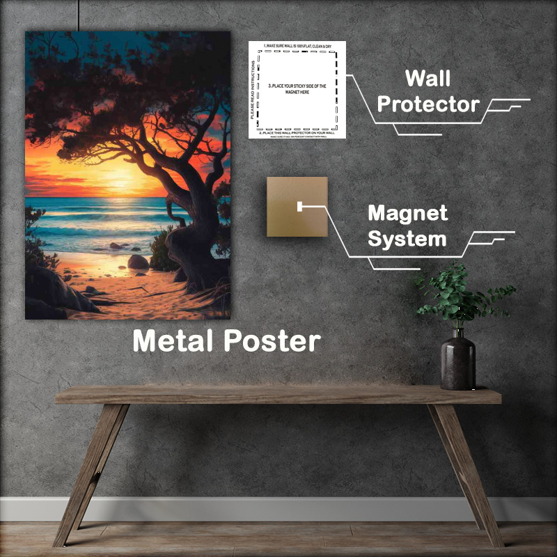 Buy Metal Poster : (Breathtaking sunset over a serene beach the sun)