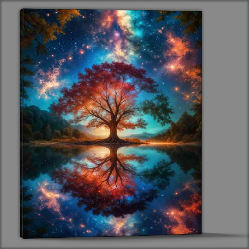 Buy Canvas : (Surreal dreamlike oak tree in the lake with a night sky)