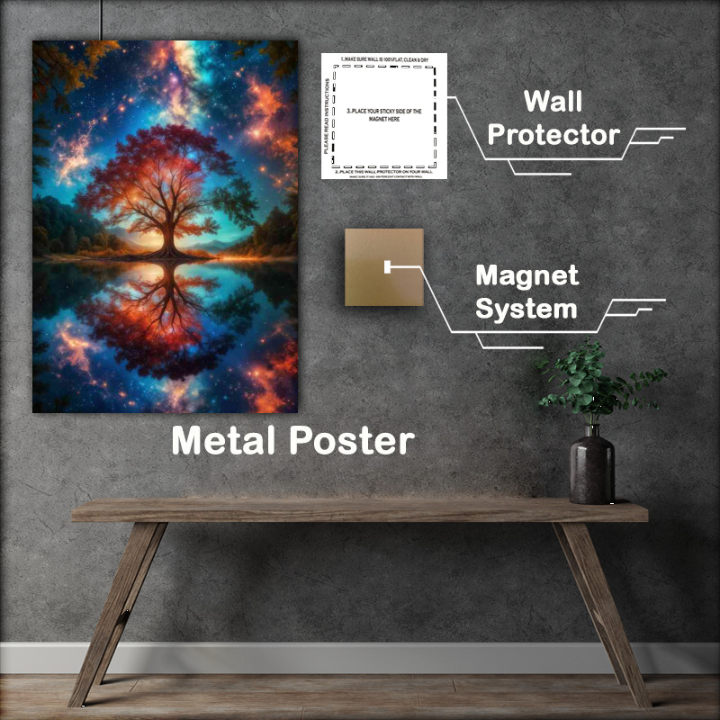 Buy Metal Poster : (Surreal dreamlike oak tree in the lake with a night sky)