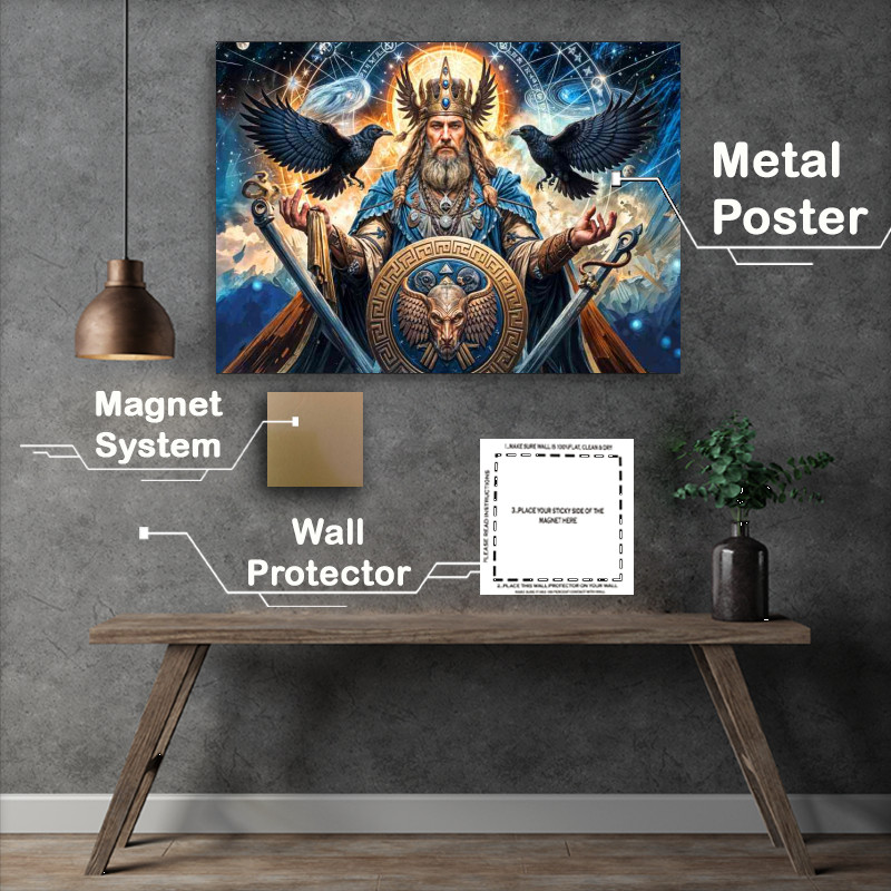 Buy Metal Poster : (Odin with ravens and the celestrial skies nores mythology)