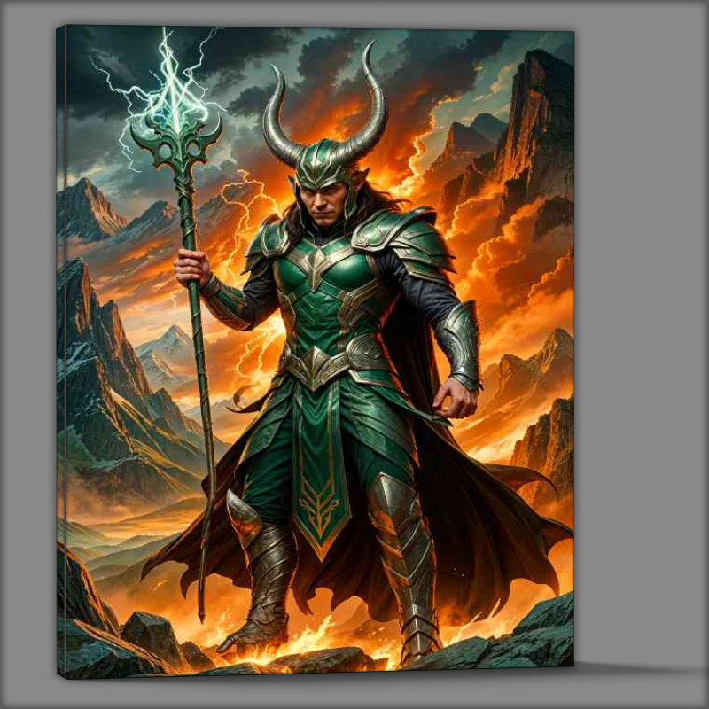 Buy Canvas : (Loki norse mythology god in green with his Scepter)