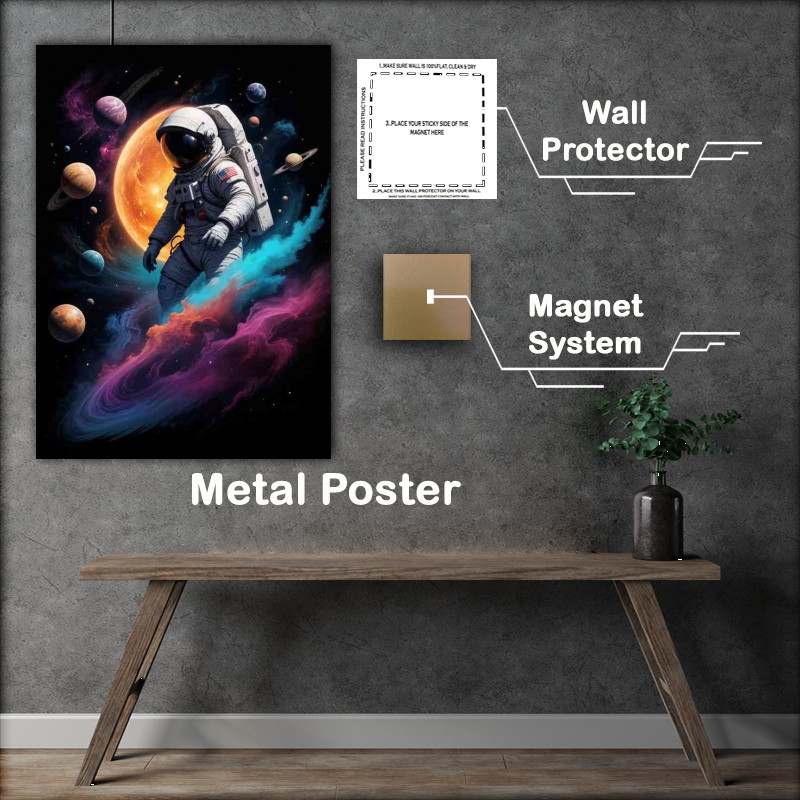 Buy Metal Poster : (Astronaut with swirling nebulae planets and stars)